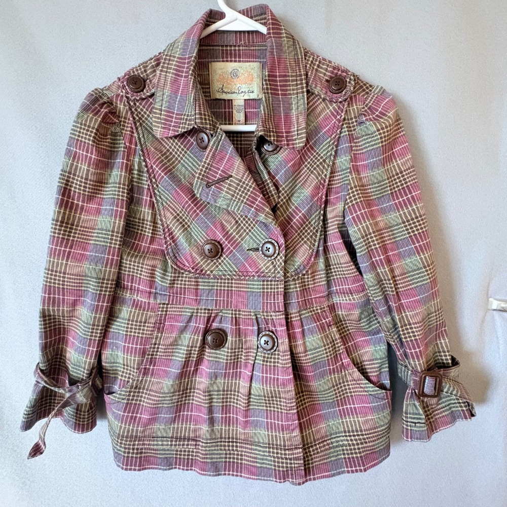 American Rag Cie Pink Green Plaid Double Breasted Pea Coat Jacket Vintage Medium